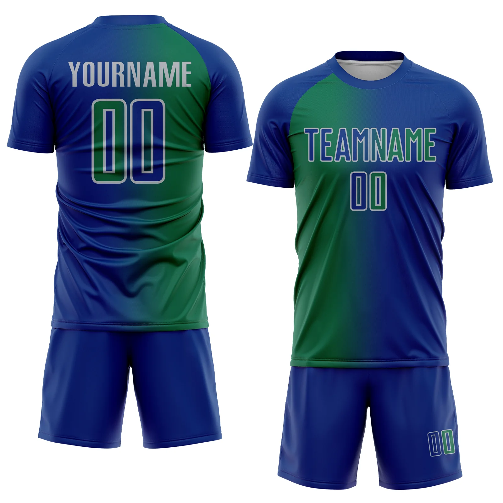 Custom Royal Kelly Green-Gray Sublimation Gradient Fashion Soccer Uniform Jersey - Image 2