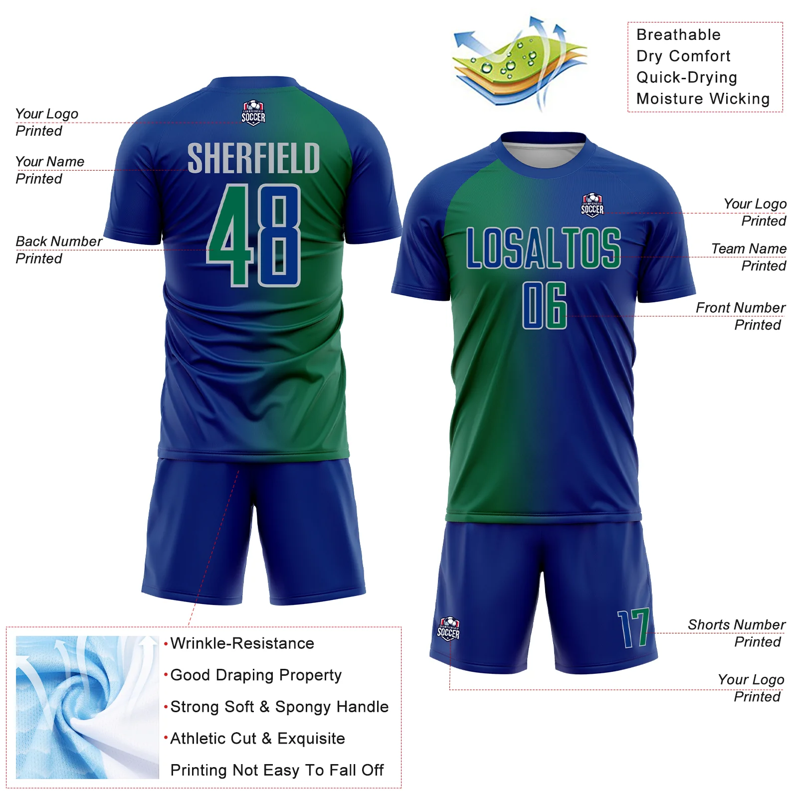 Custom Royal Kelly Green-Gray Sublimation Gradient Fashion Soccer Uniform Jersey - Image 4