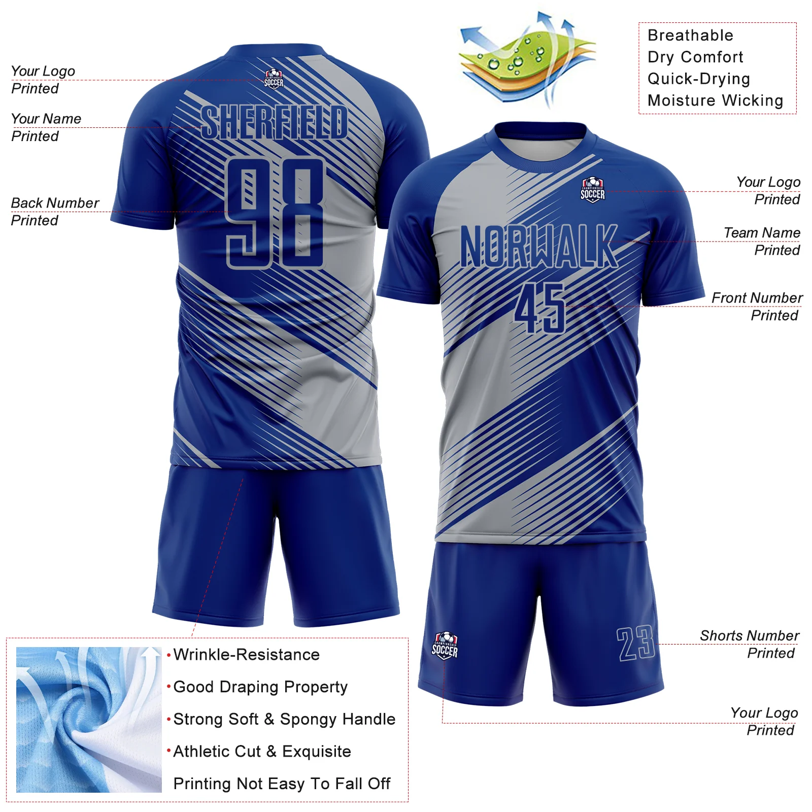 Custom Royal Gray Line Sublimation Soccer Uniform Jersey - Image 4