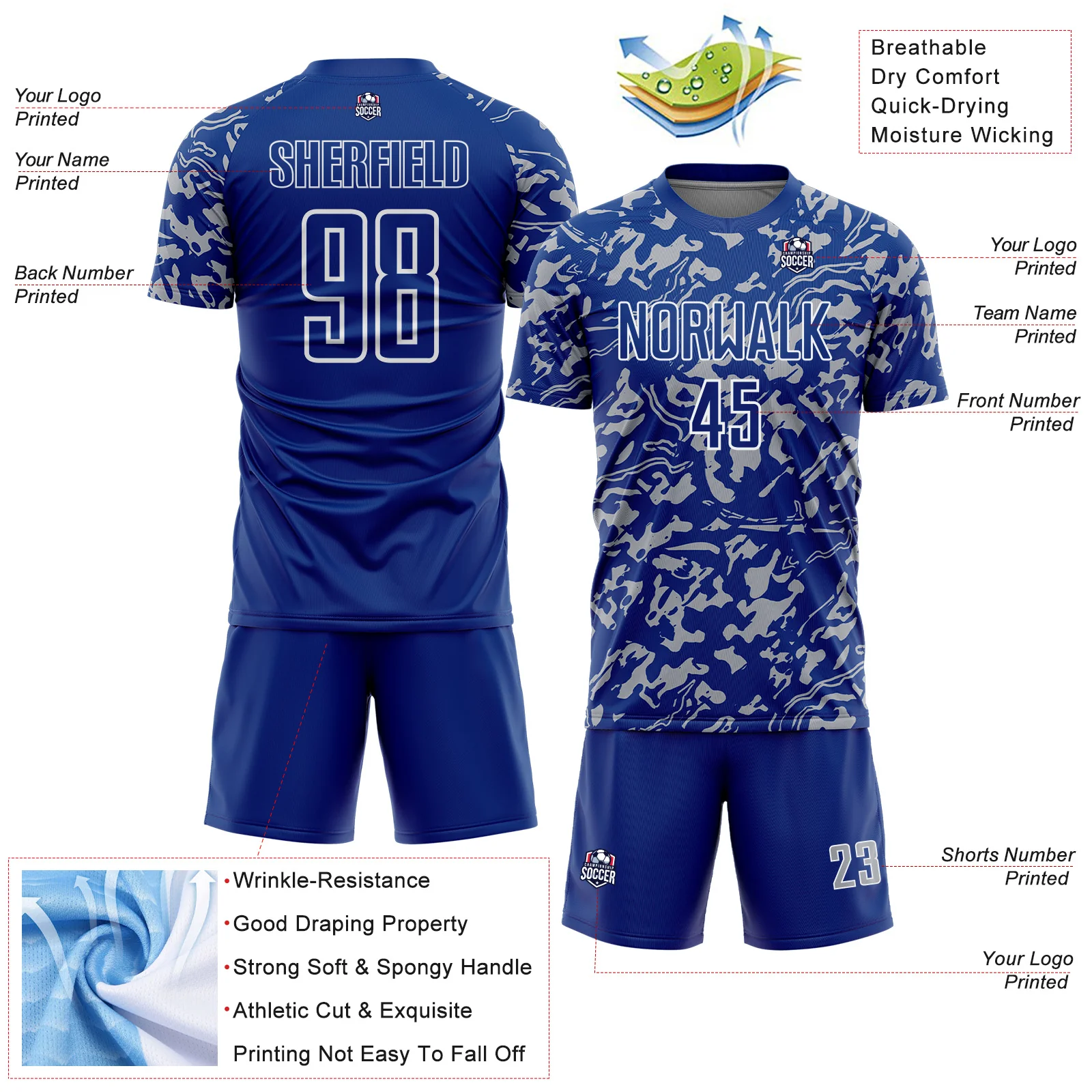 Custom Royal Gray-White Liquid Fluid Pattern Sports Sublimation Soccer Uniform Jersey - Image 4