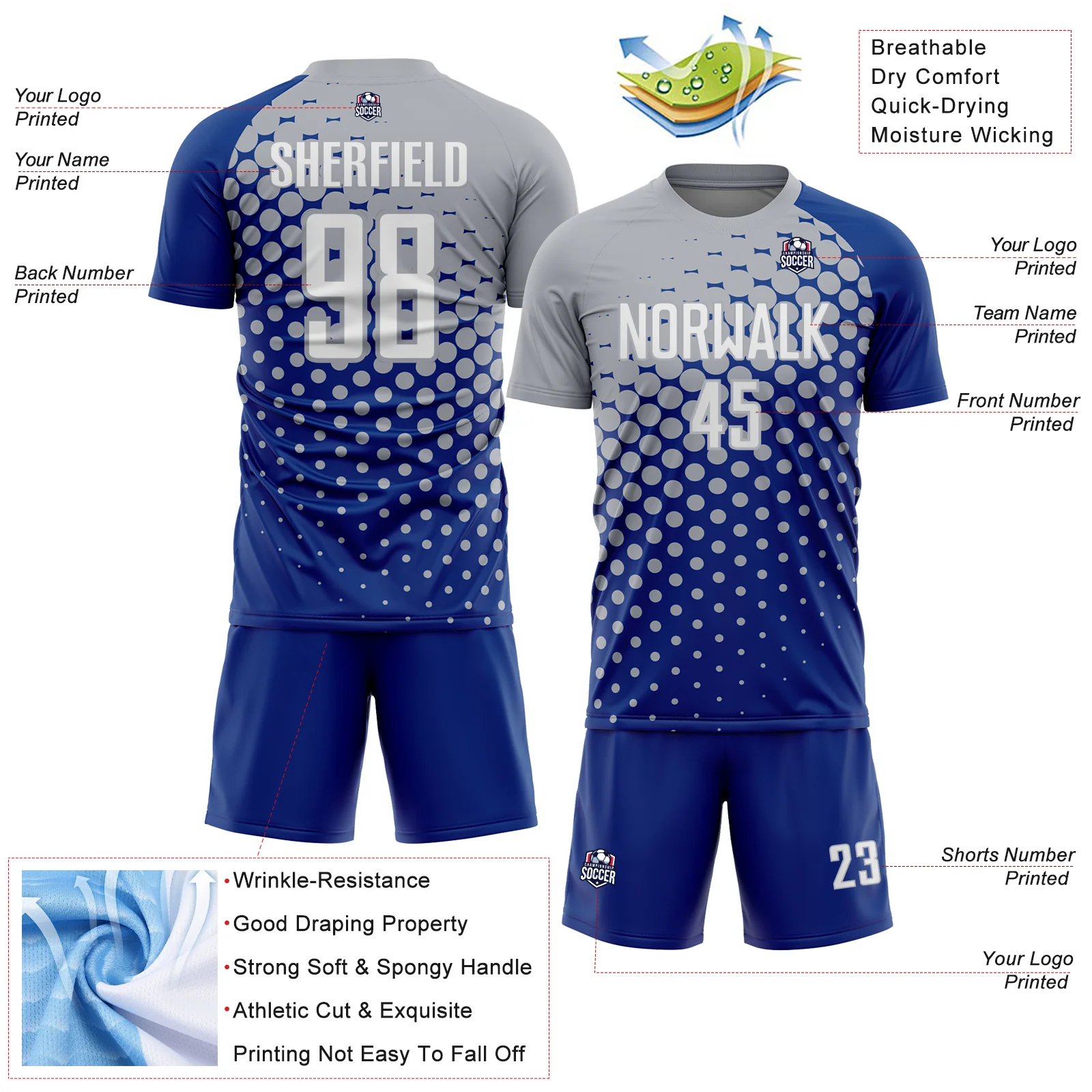 Custom Royal White-Gray Modern Polka Dot Sublimation Soccer Uniform Jersey - Image 4