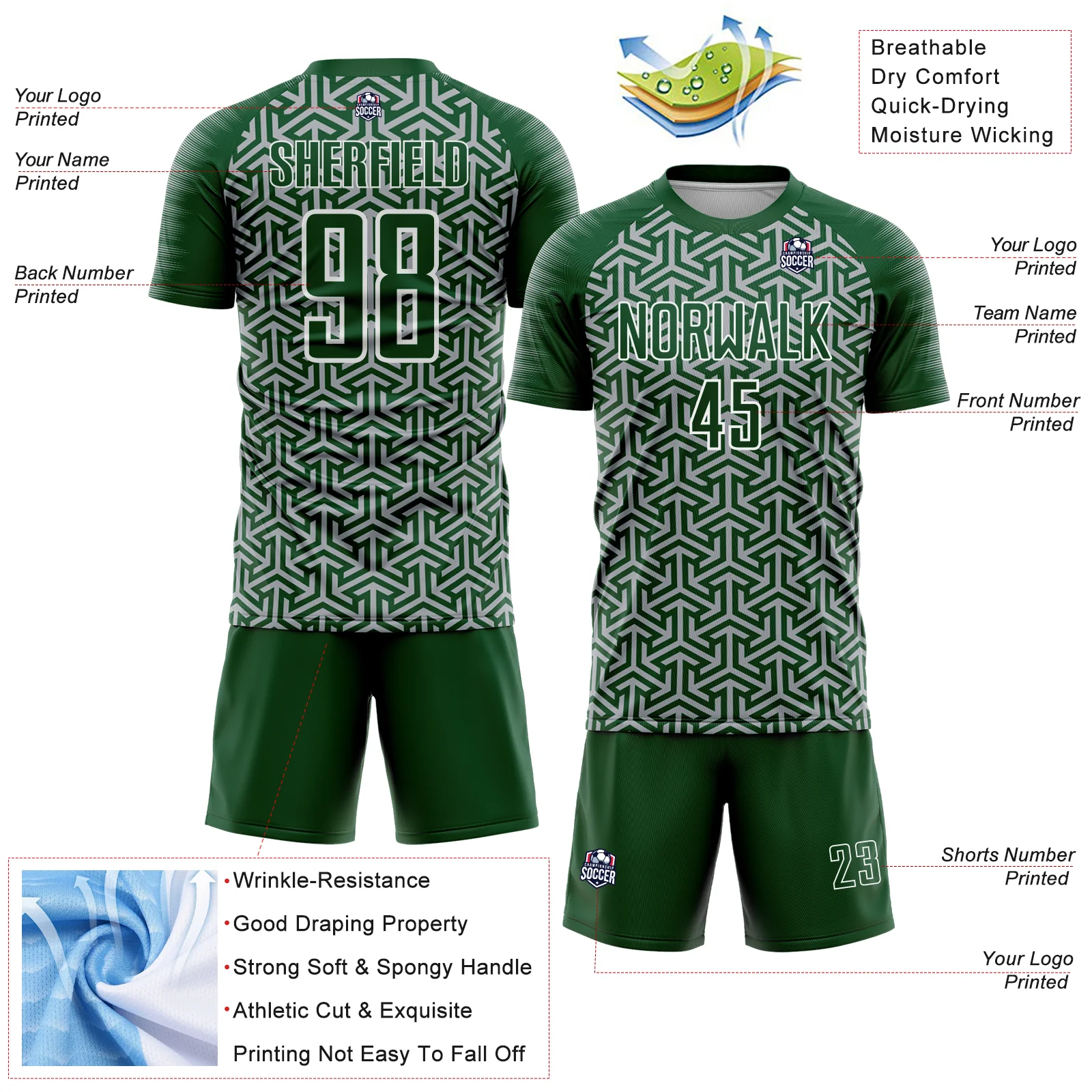 Custom Green Gray-White Geometric Arrow Sublimation Soccer Uniform Jersey - Image 4