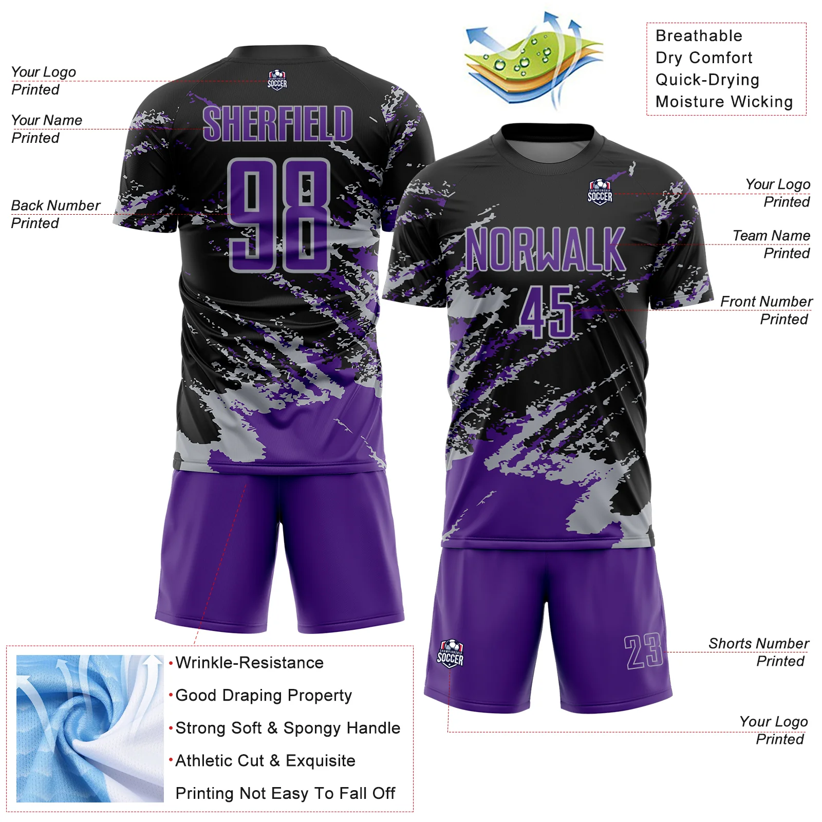 Custom Black Purple-Gray Abstract Fragment Art Splash Sports Sublimation Soccer Uniform Jersey - Image 4