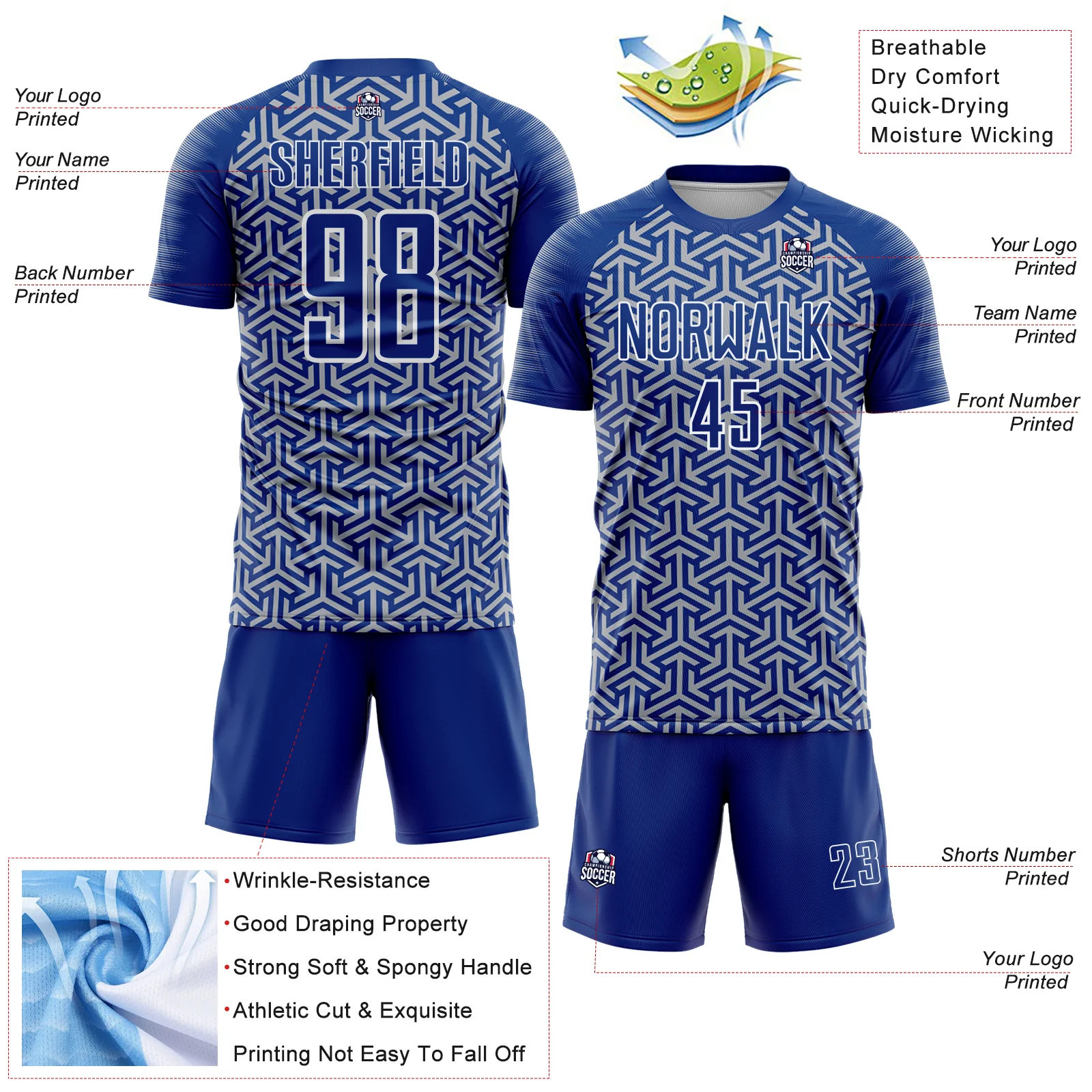 Custom Royal Gray-White Geometric Arrow Sublimation Soccer Uniform Jersey - Image 4