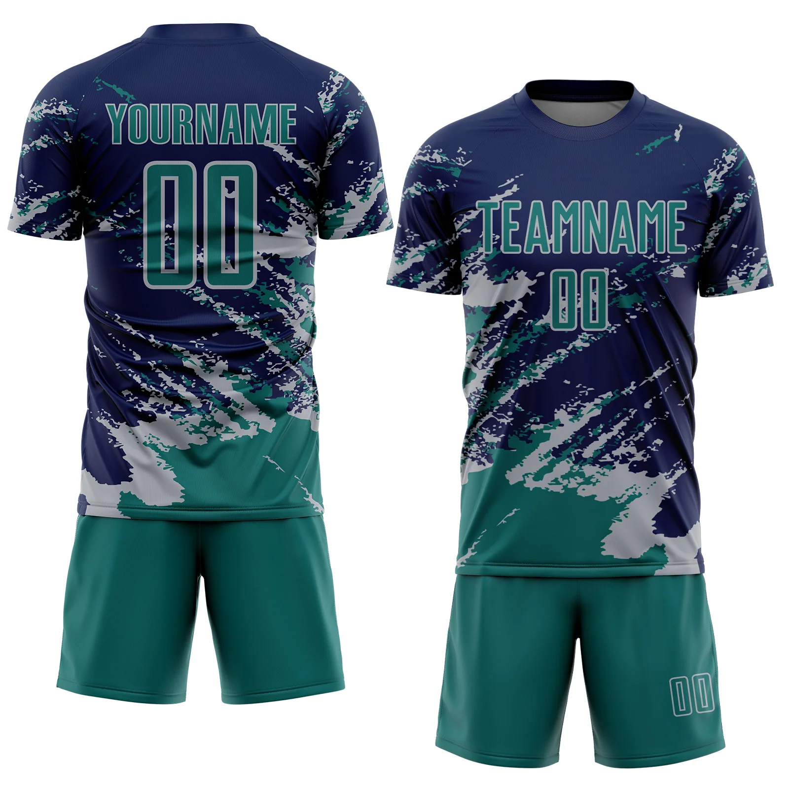 Custom Navy Teal-Gray Abstract Fragment Art Splash Sports Sublimation Soccer Uniform Jersey - Image 2