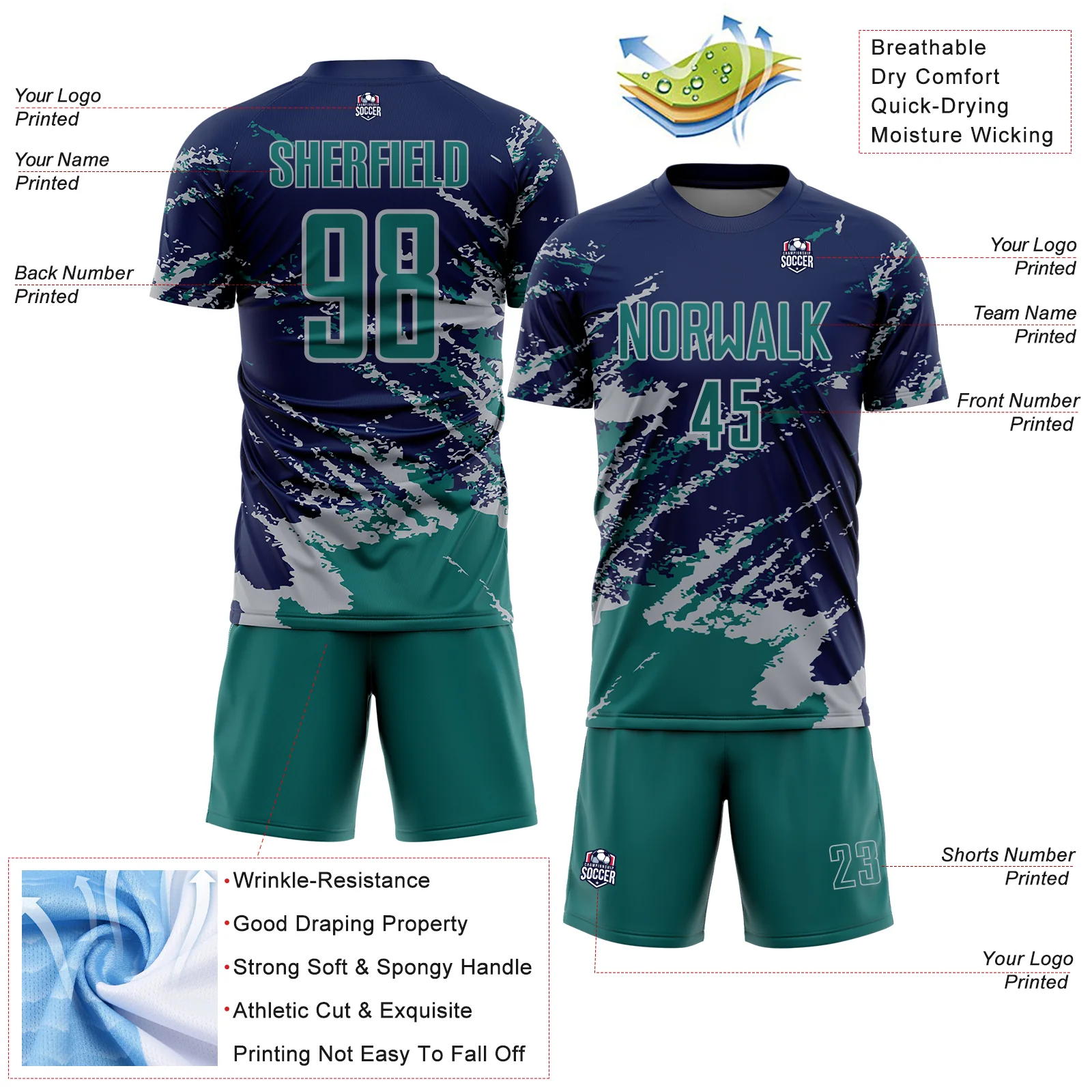 Custom Navy Teal-Gray Abstract Fragment Art Splash Sports Sublimation Soccer Uniform Jersey - Image 4