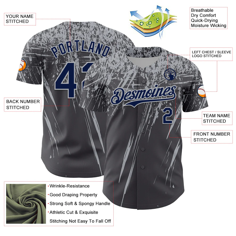 Custom Steel Gray Navy-Gray Distressed Scratch Brush Stroke Authentic Baseball Jersey - Image 3