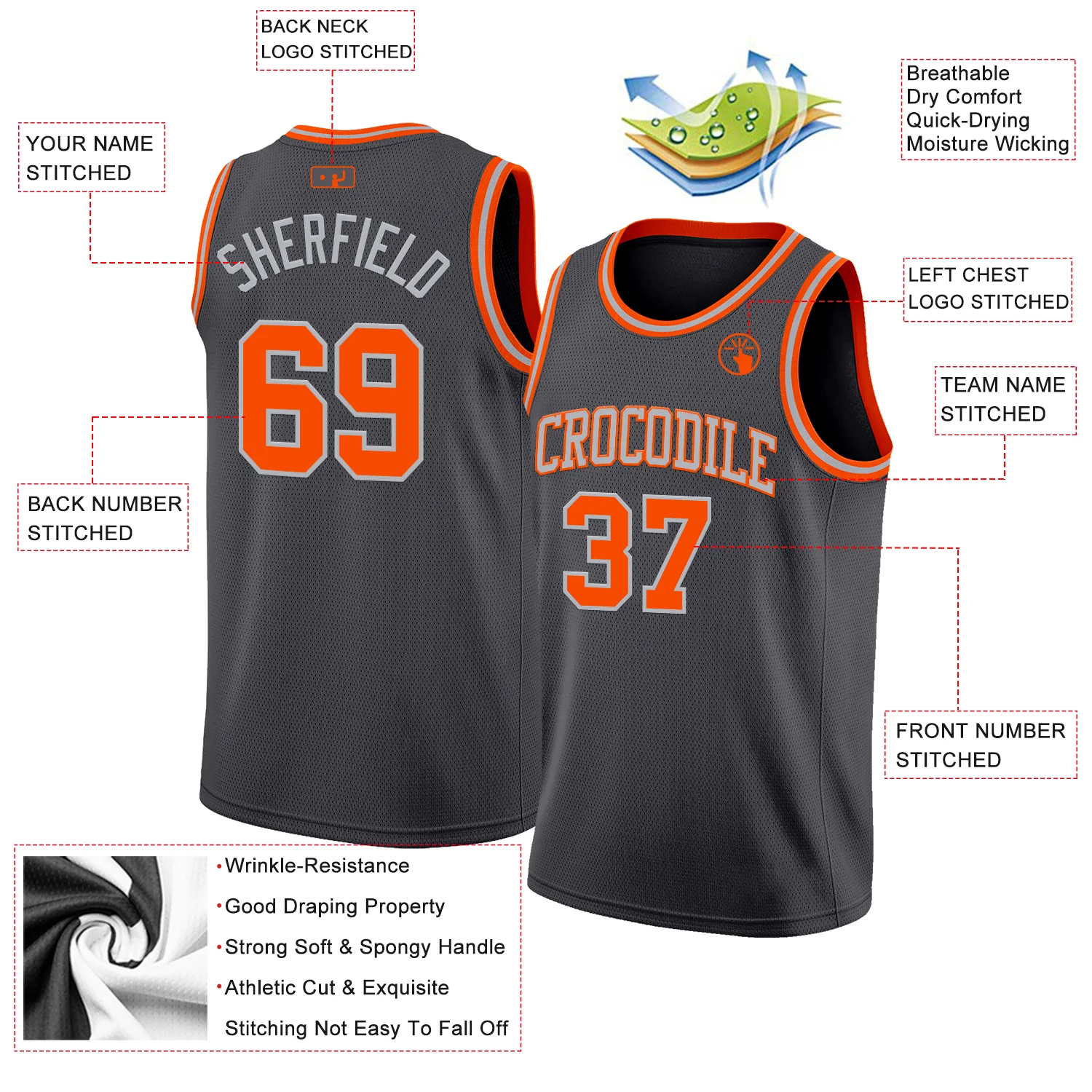 Custom Steel Gray Orange-Gray Authentic Basketball Jersey - Image 2