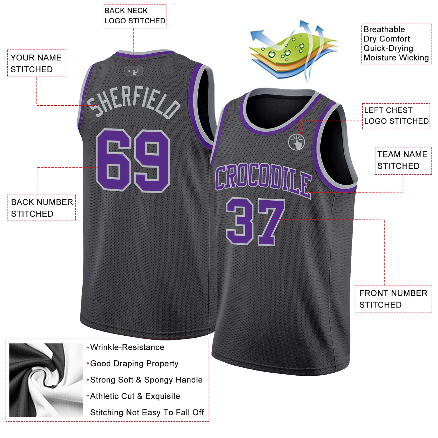 Custom Steel Gray Purple-Gray Authentic Basketball Jersey - Image 2
