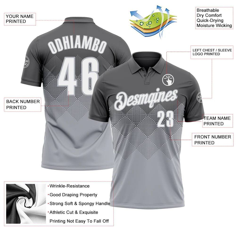 Custom Steel Gray White-Gray 3D Gradient Square Shape Performance Polo Shirt - Image 3