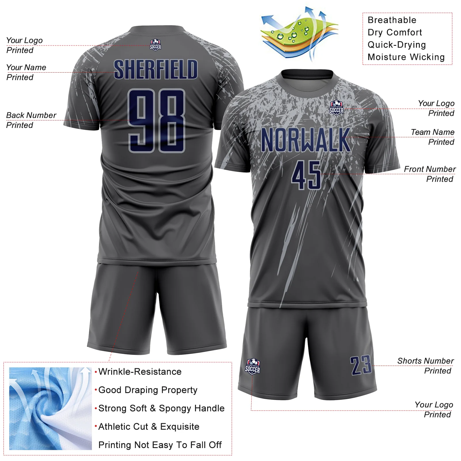 Custom Steel Gray Navy-Gray Splash Sports Sublimation Soccer Uniform Jersey - Image 4
