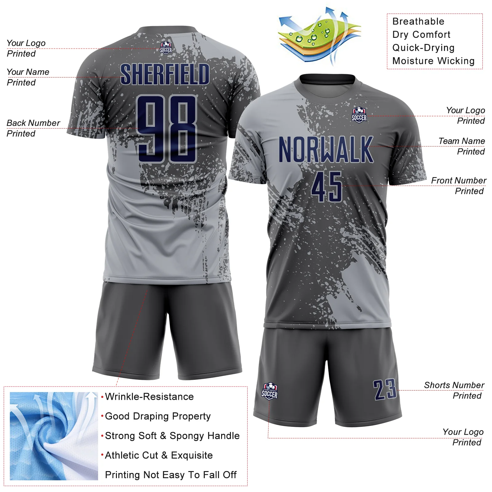 Custom Steel Gray Navy-Gray Abstract Brush Stroke Sports Sublimation Soccer Uniform Jersey - Image 4
