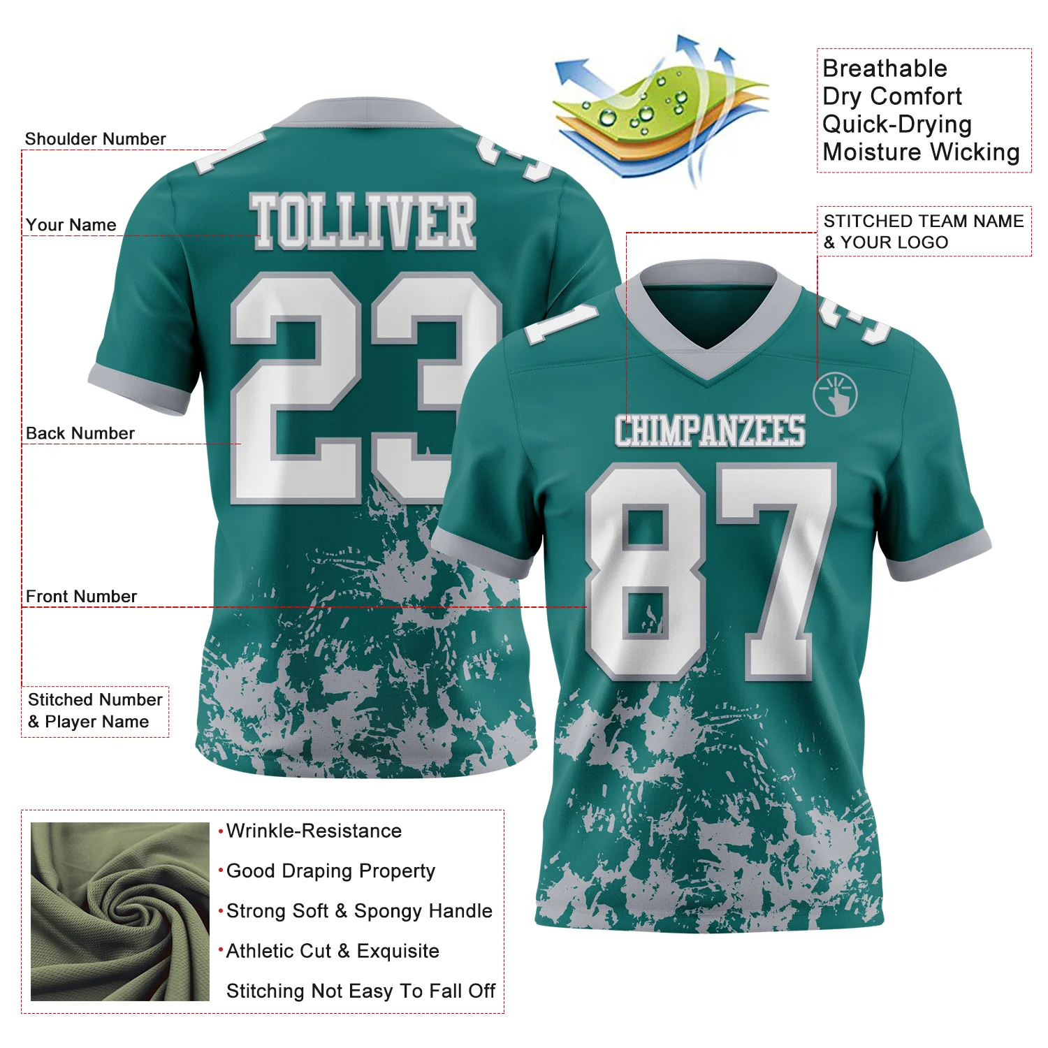 Custom Teal White-Gray 3D Pattern Splash Authentic Football Jersey - Image 2