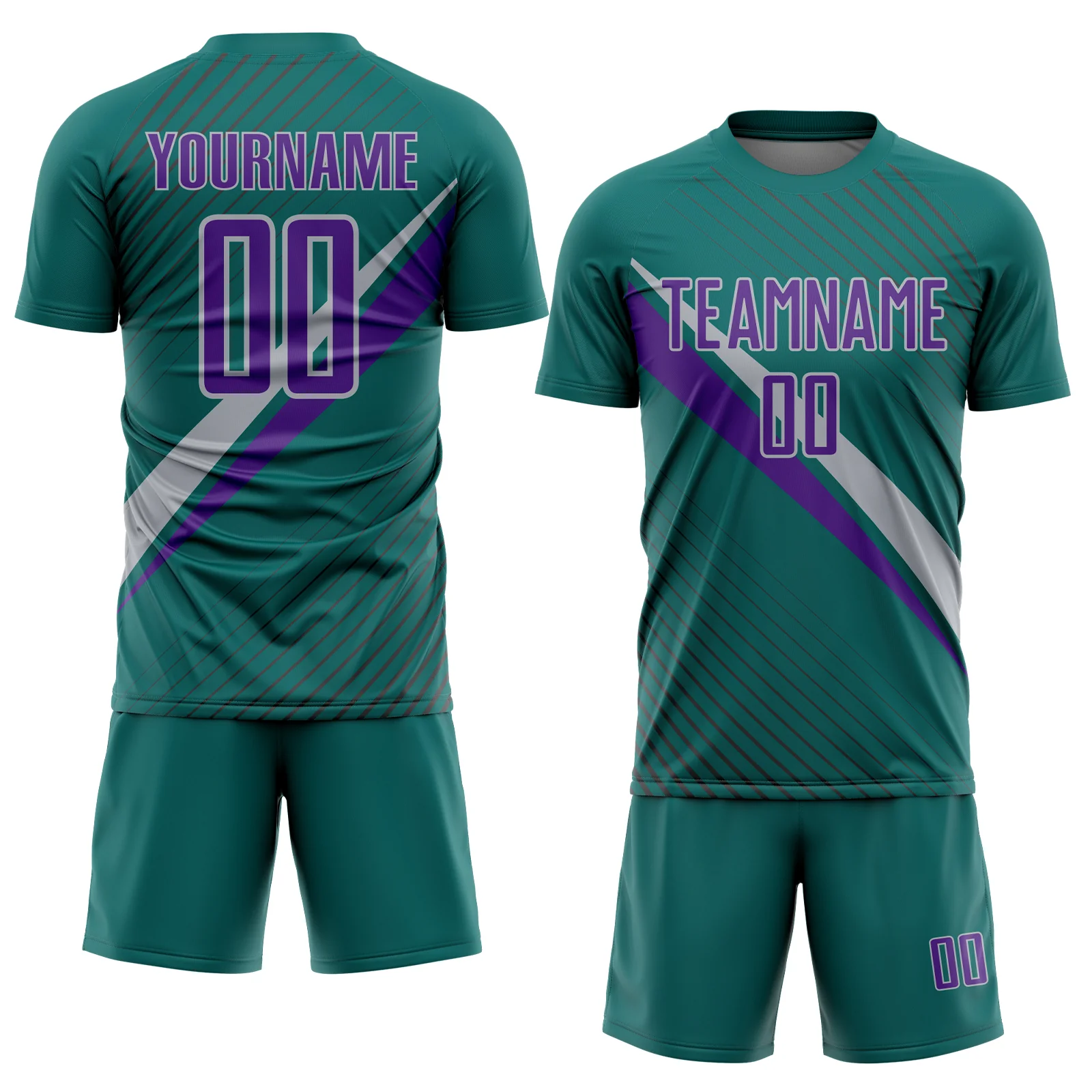 Custom Teal Purple-Gray Diagonal Stripes Sports Sublimation Soccer Uniform Jersey - Image 2