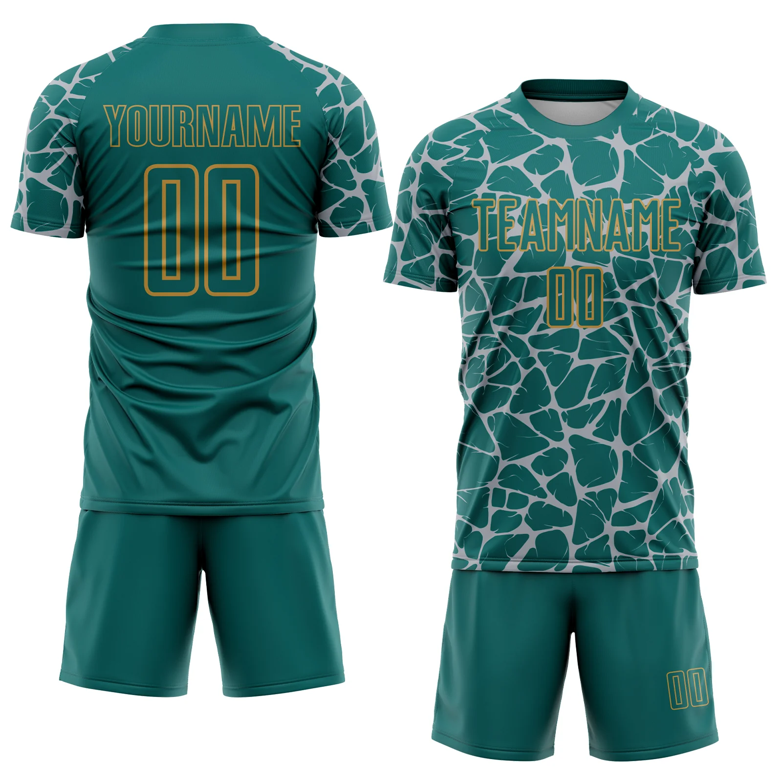 Custom Teal Gray-Old Gold Abstract Network Splash Sublimation Soccer Uniform Jersey - Image 2