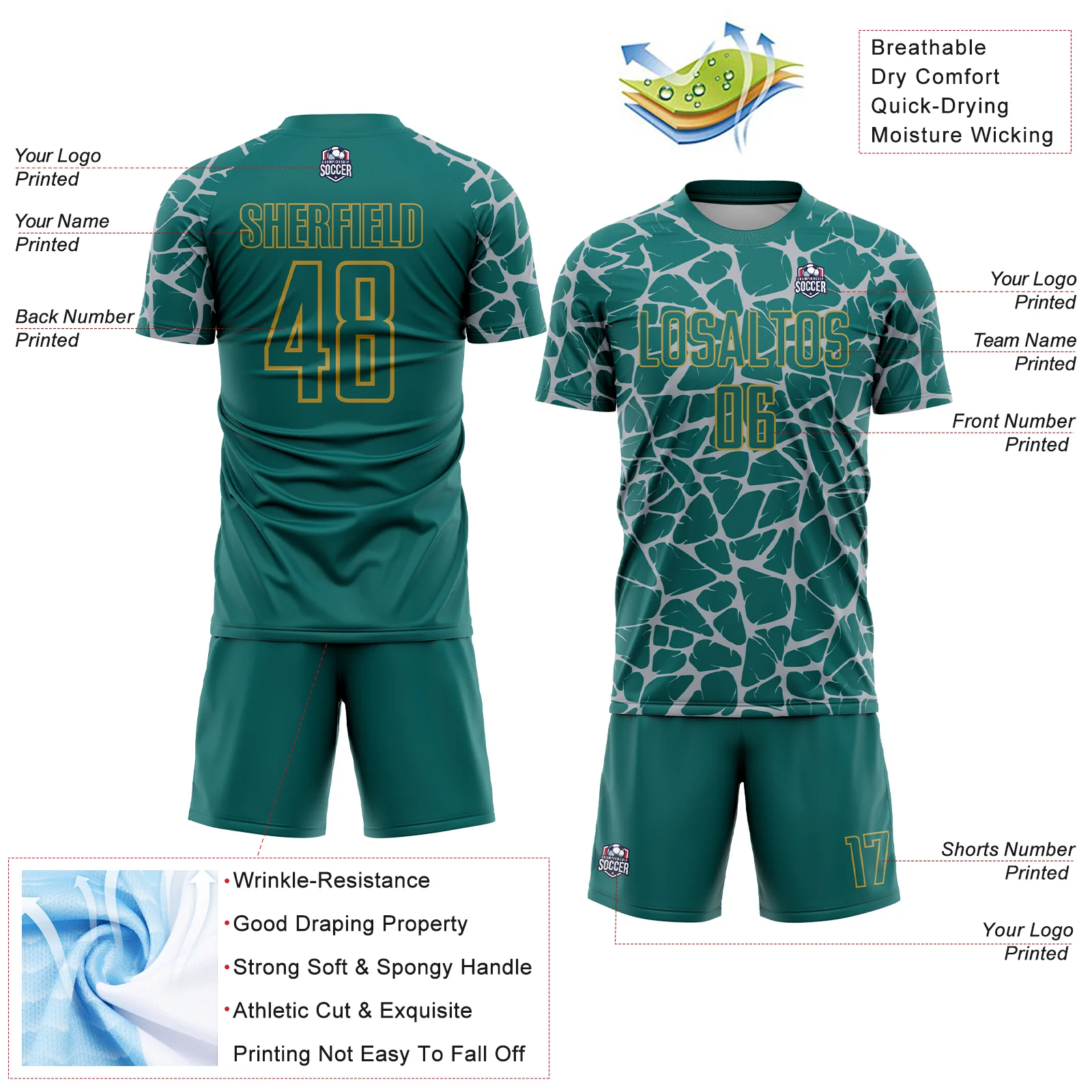 Custom Teal Gray-Old Gold Abstract Network Splash Sublimation Soccer Uniform Jersey - Image 4