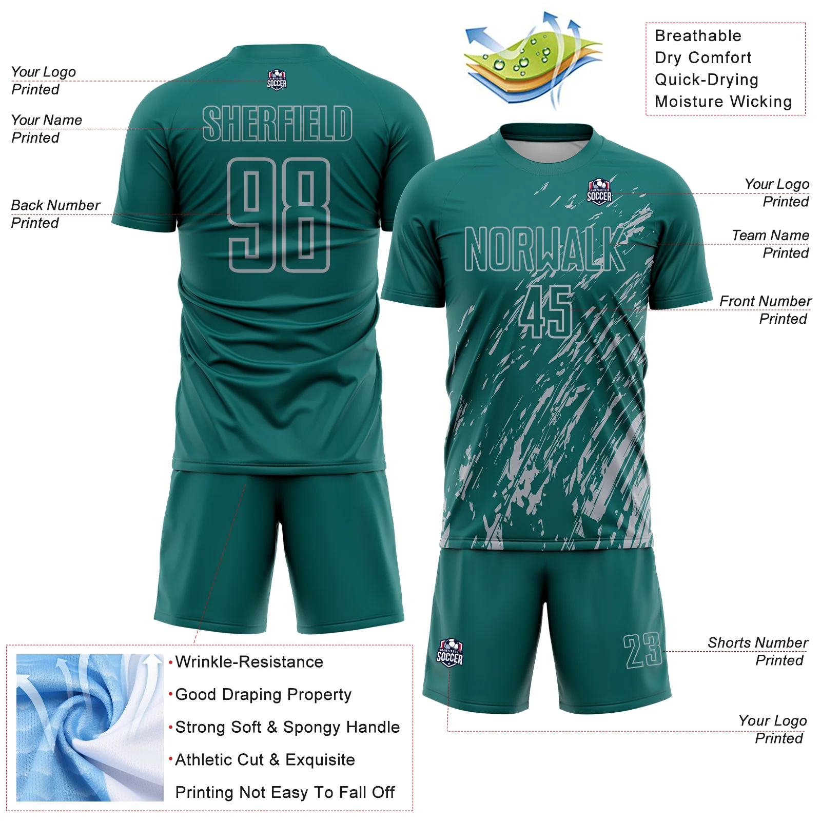 Custom Teal Gray Splash Sublimation Soccer Uniform Jersey - Image 4