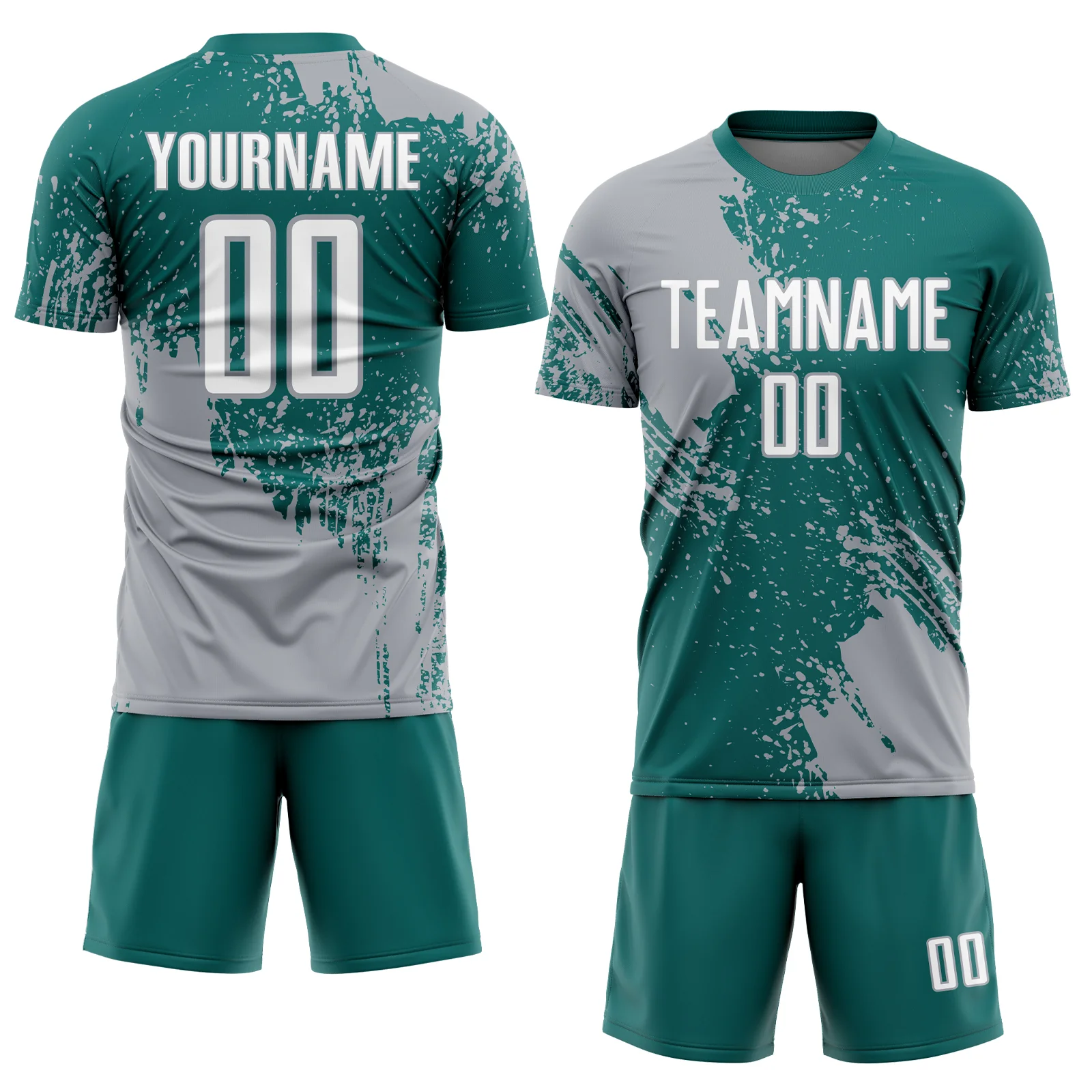 Custom Teal White-Gray Abstract Brush Stroke Sports Sublimation Soccer Uniform Jersey - Image 2