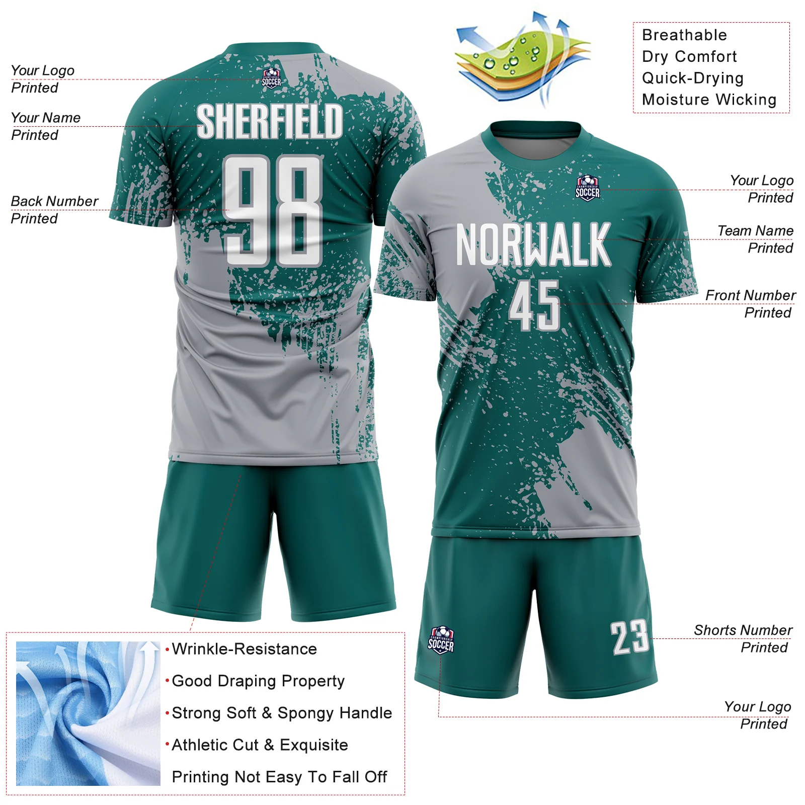 Custom Teal White-Gray Abstract Brush Stroke Sports Sublimation Soccer Uniform Jersey - Image 4