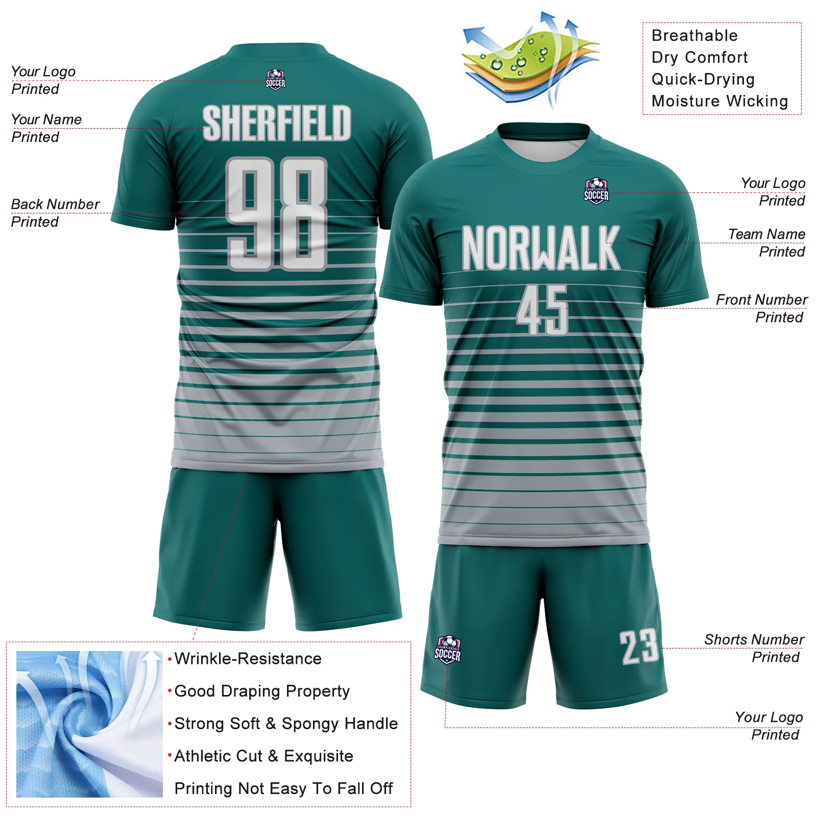 Custom Teal White-Gray Gradient Pinstripe Sublimation Soccer Uniform Jersey - Image 4
