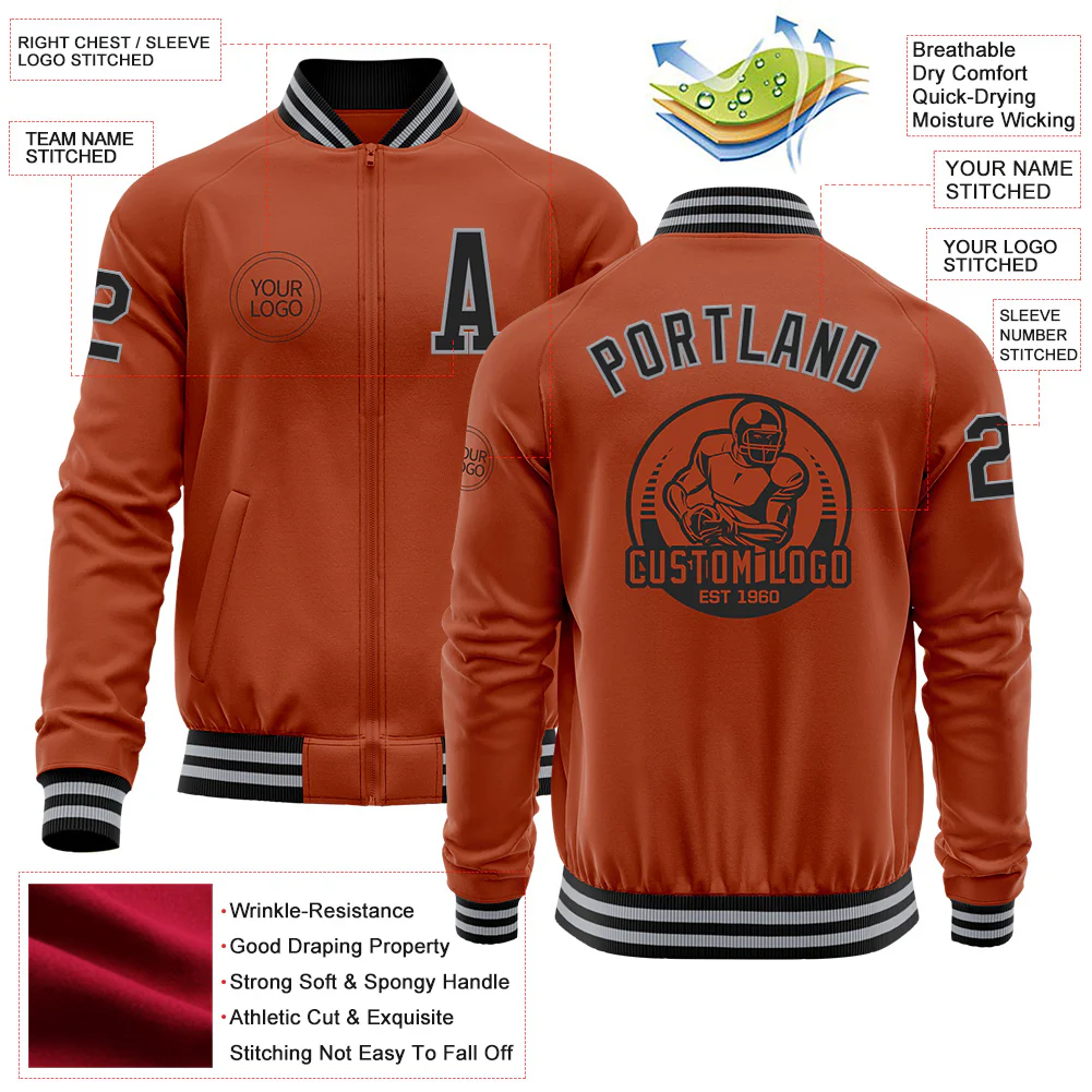 Custom Texas Orange Black-Gray Bomber Varsity Letterman Zipper Jacket - Image 4