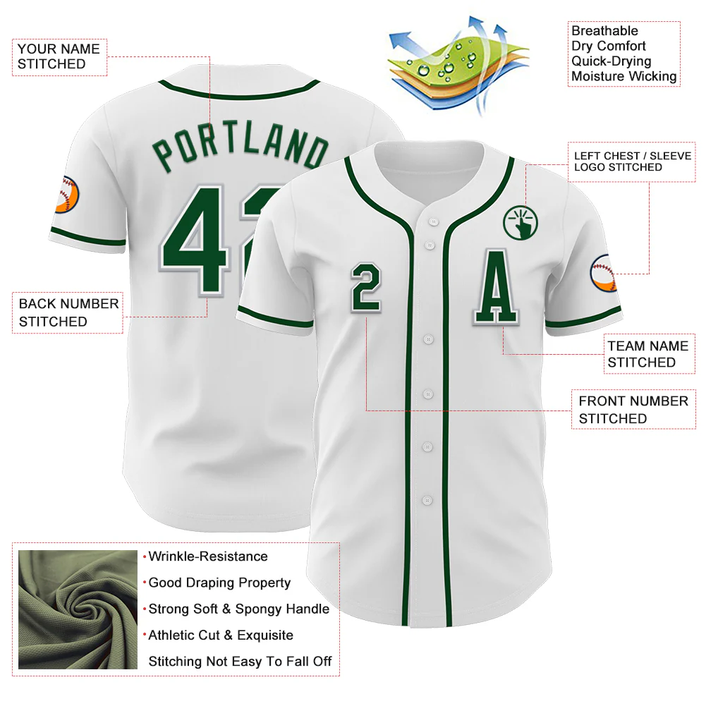 Custom White Green-Gray Authentic Baseball Jersey - Image 2