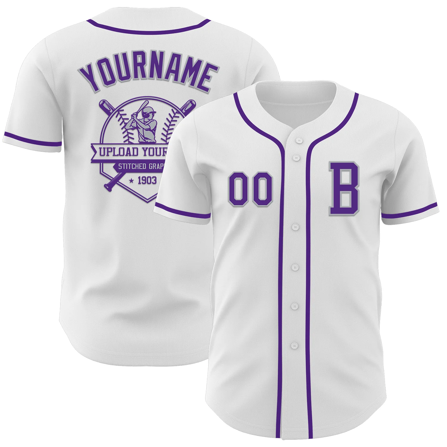 Custom White Purple-Gray Authentic Baseball Jersey - Image 5
