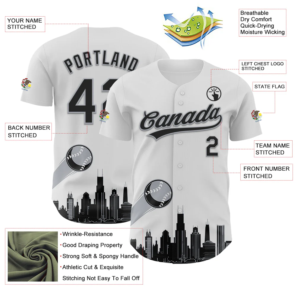 Custom White Black-Gray 3D Urban City Edition Sports Authentic Baseball Jersey - Image 3