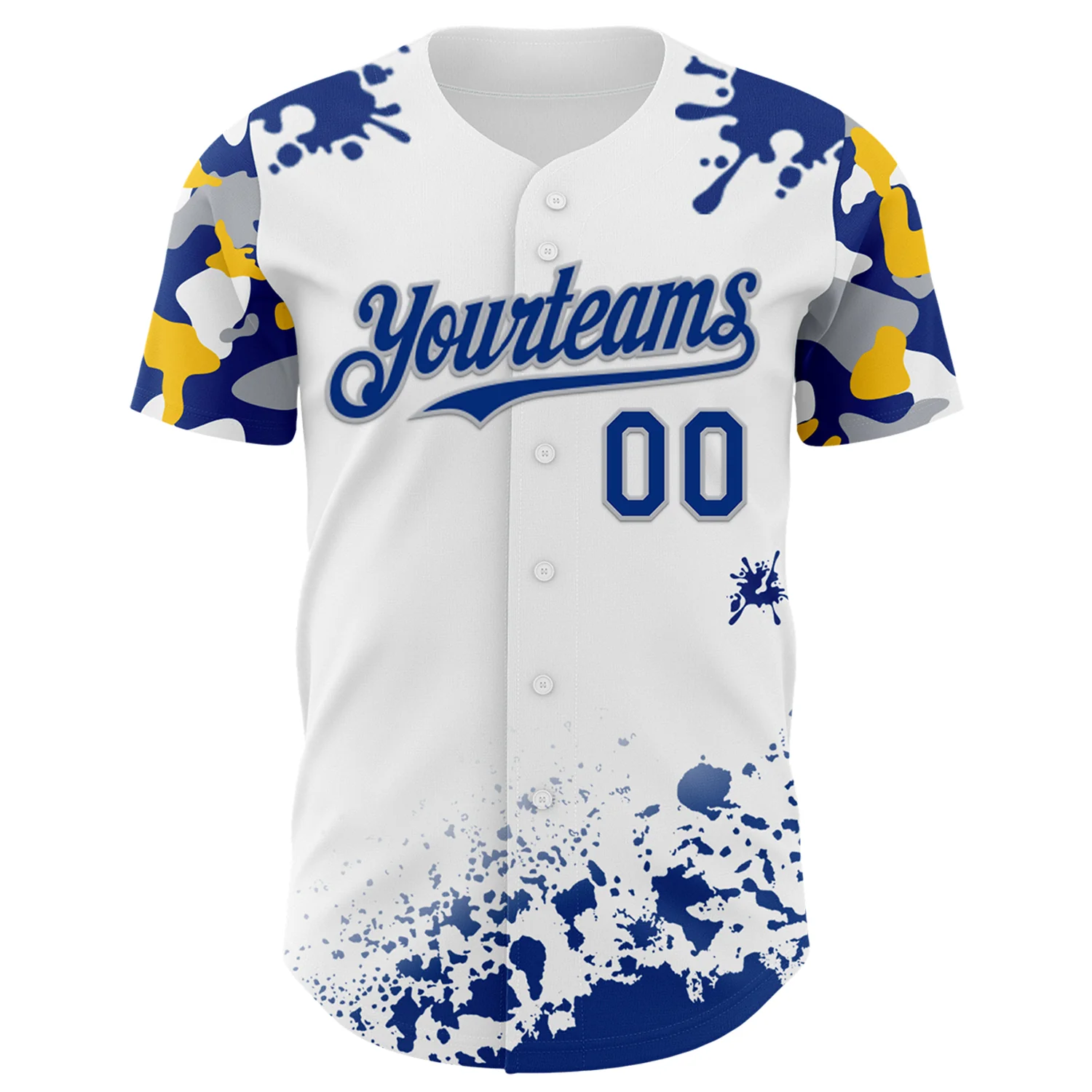 Custom White Royal Gray-Yellow Splatter Camo Two Tone Authentic Baseball Jersey - Image 2