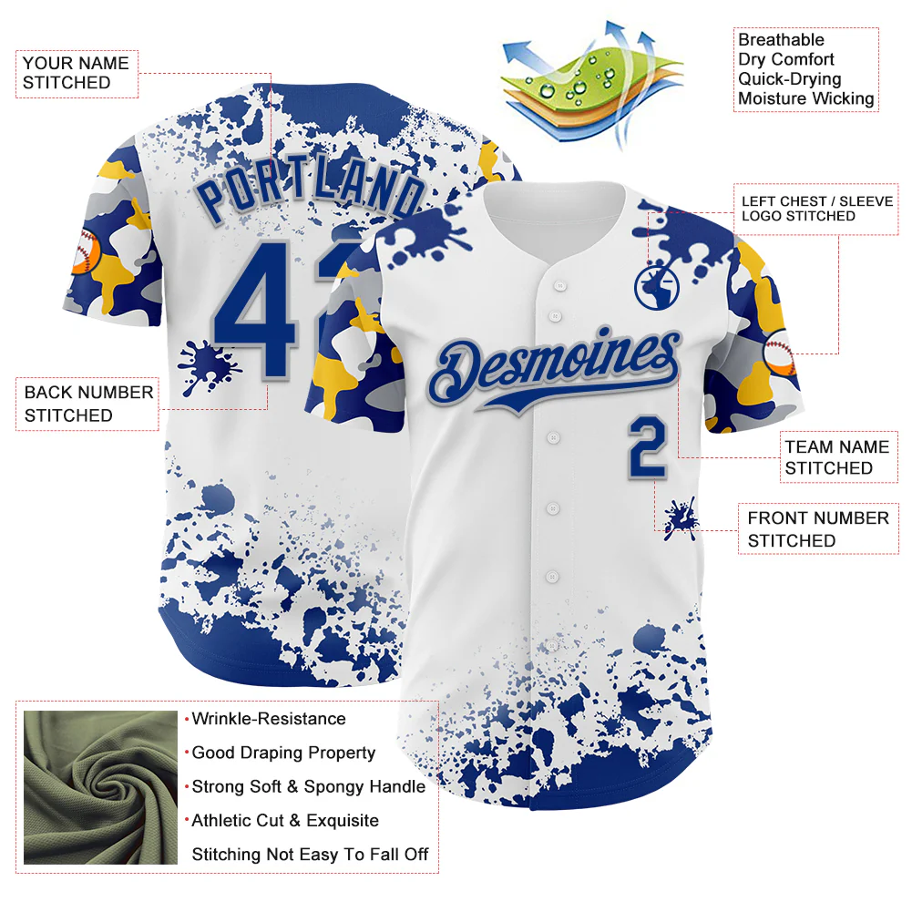 Custom White Royal Gray-Yellow Splatter Camo Two Tone Authentic Baseball Jersey - Image 3