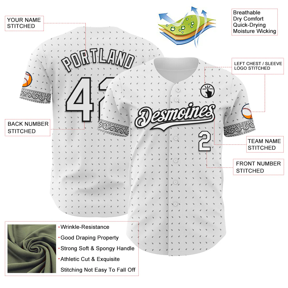 Custom White Gray-Black Rave Party Ethnic Paisley Bandana Authentic Baseball Jersey - Image 3