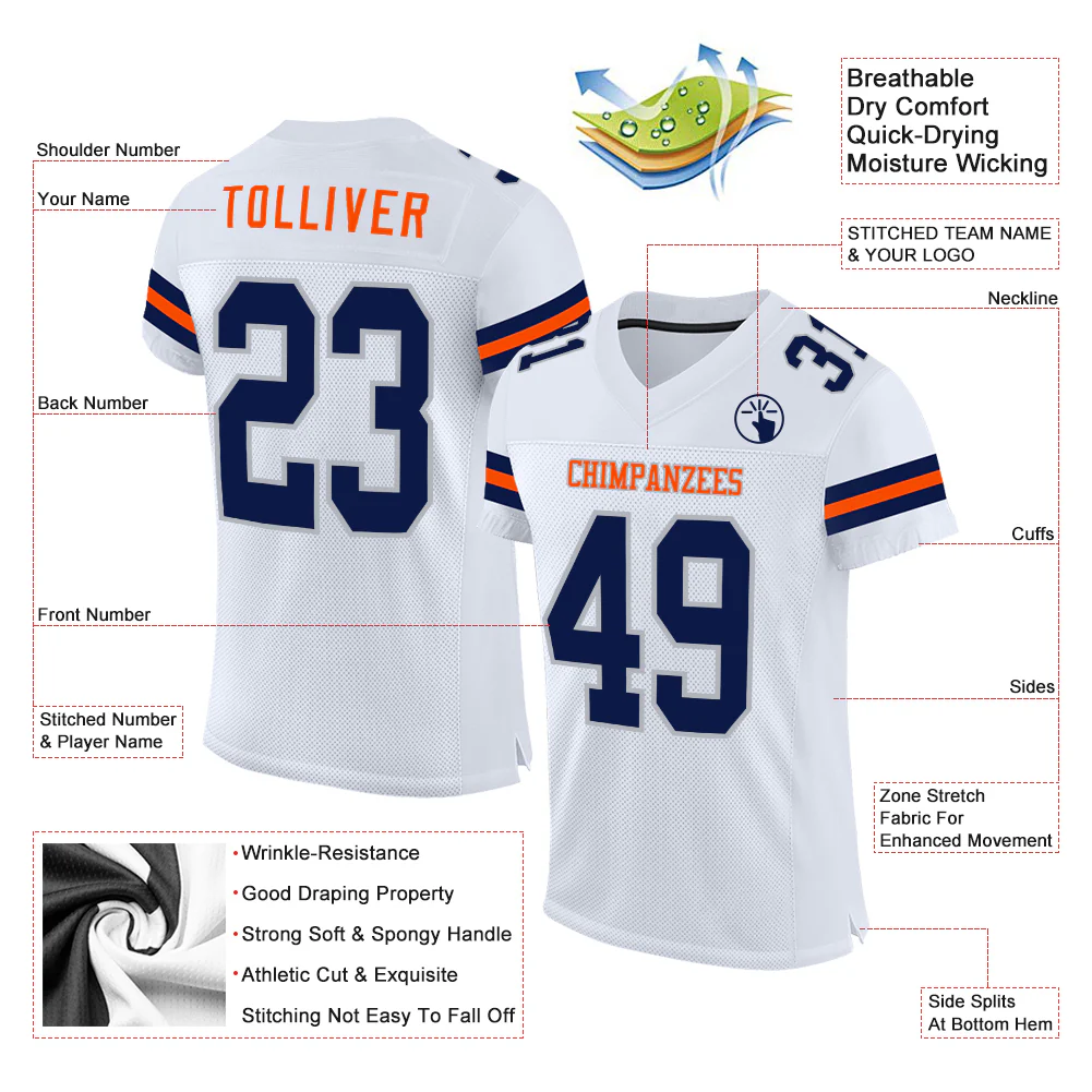 Custom White Navy Gray-Orange Mesh Authentic Football Jersey - Image 2