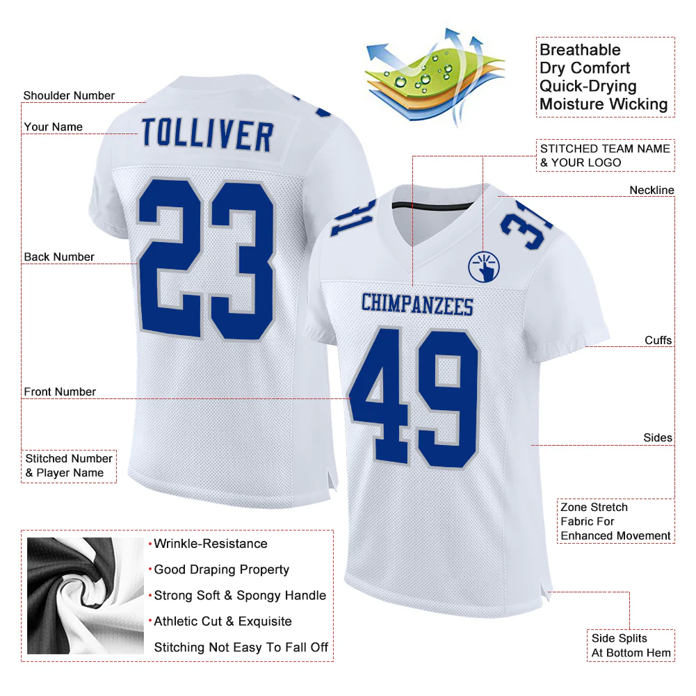 Custom White Royal-Gray Mesh Authentic Football Jersey - Image 2