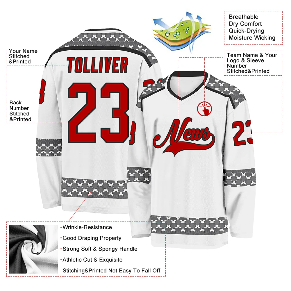 Custom White Red Gray-Black Plaid Hockey Jersey - Image 5