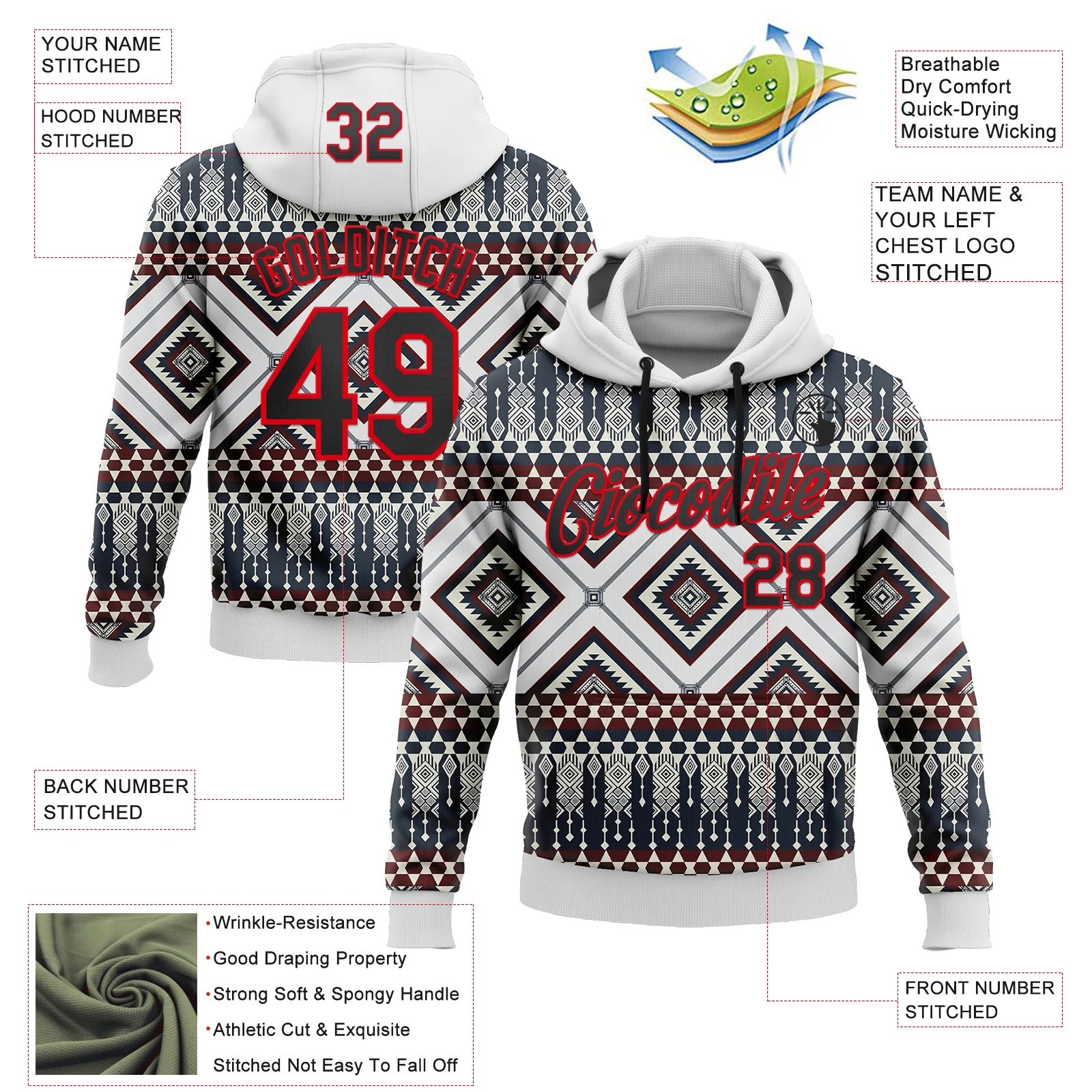 Custom Stitched White Black Gray Blue-Fire Red 3D Mexico Aztec Pattern Sports Pullover Sweatshirt Hoodie - Image 2