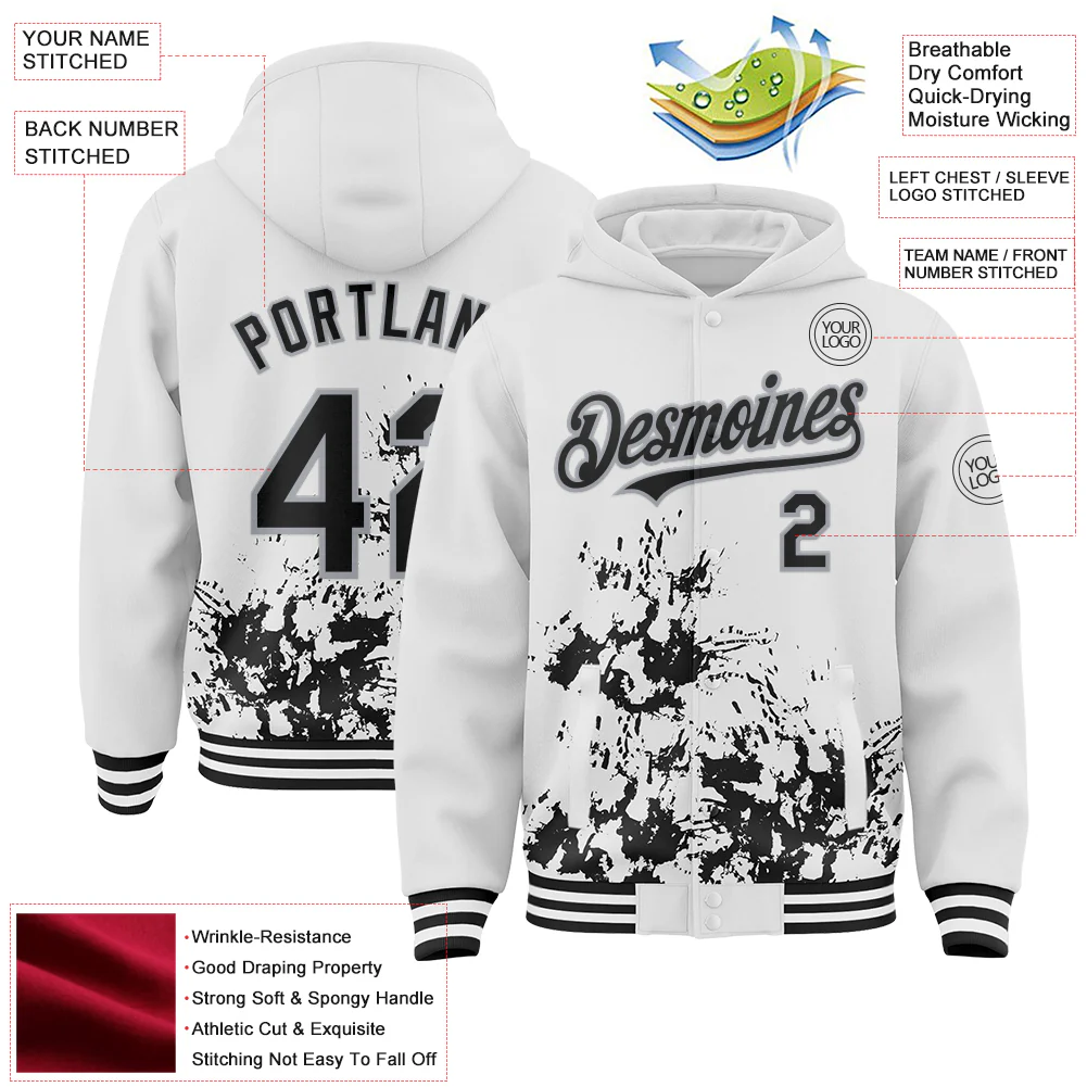 Custom White Black-Gray Splash Art 3D Pattern Design Bomber Full-Snap Varsity Letterman Hoodie Jacket - Image 4