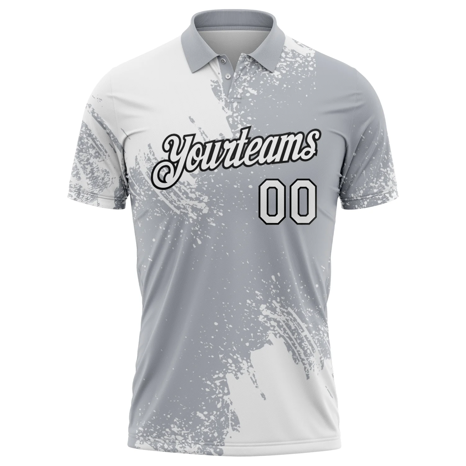 Custom White Gray-Black 3D Pattern Design Abstract Brush Stroke Performance Polo Shirt - Image 2