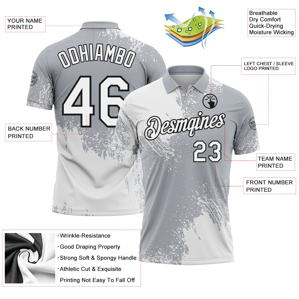 Custom White Gray-Black 3D Pattern Design Abstract Brush Stroke Performance Polo Shirt - Image 3