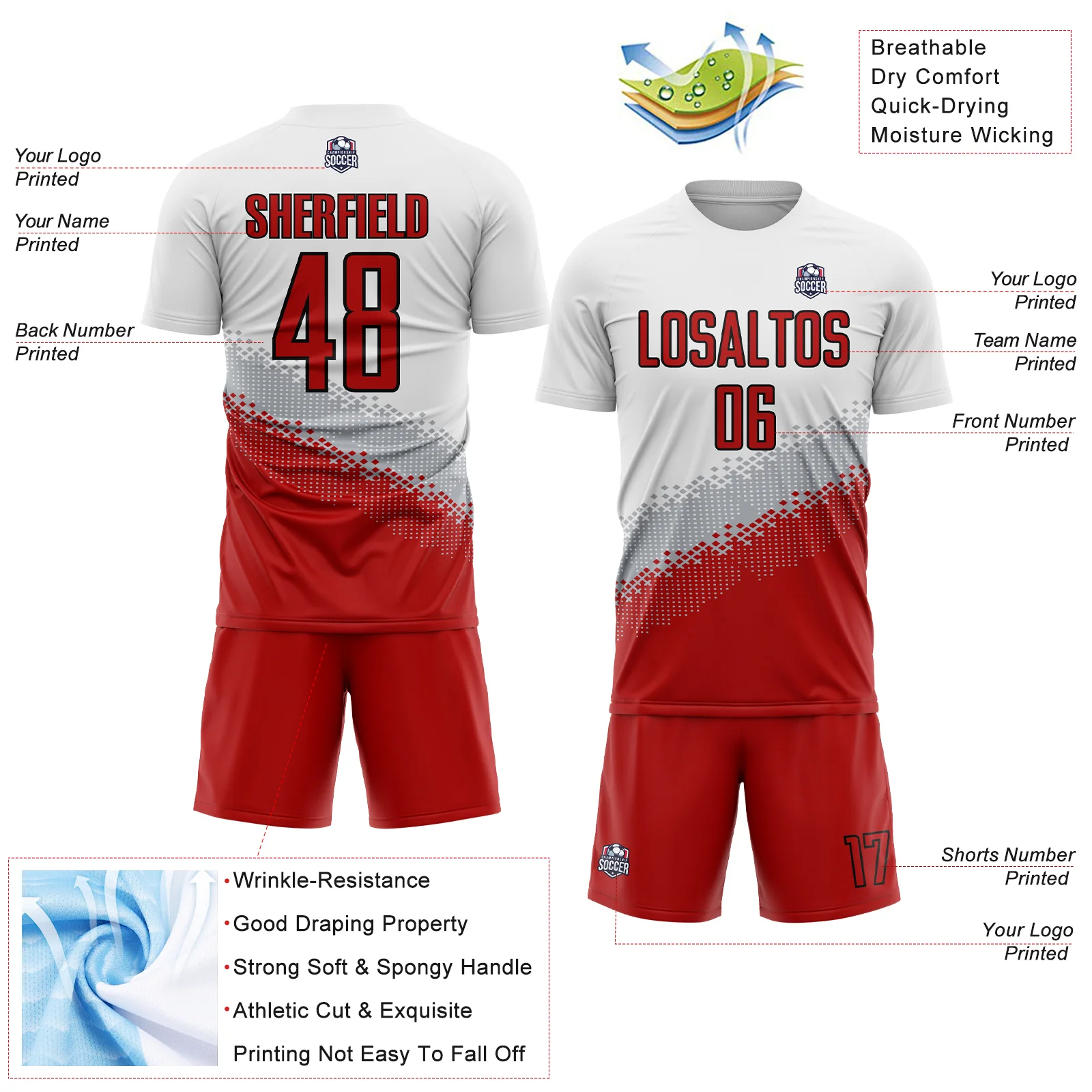 Custom White Red Gray-Black Gradient Geometric Shape Sublimation Soccer Uniform Jersey - Image 4