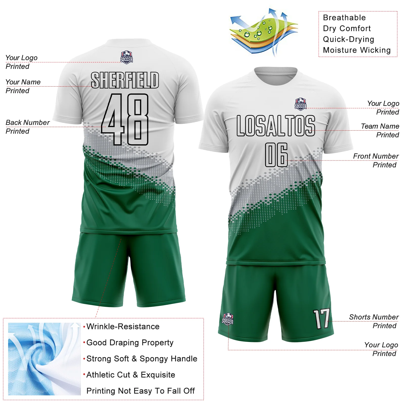 Custom White Gray Kelly Green-Black Gradient Geometric Shape Sublimation Soccer Uniform Jersey - Image 4