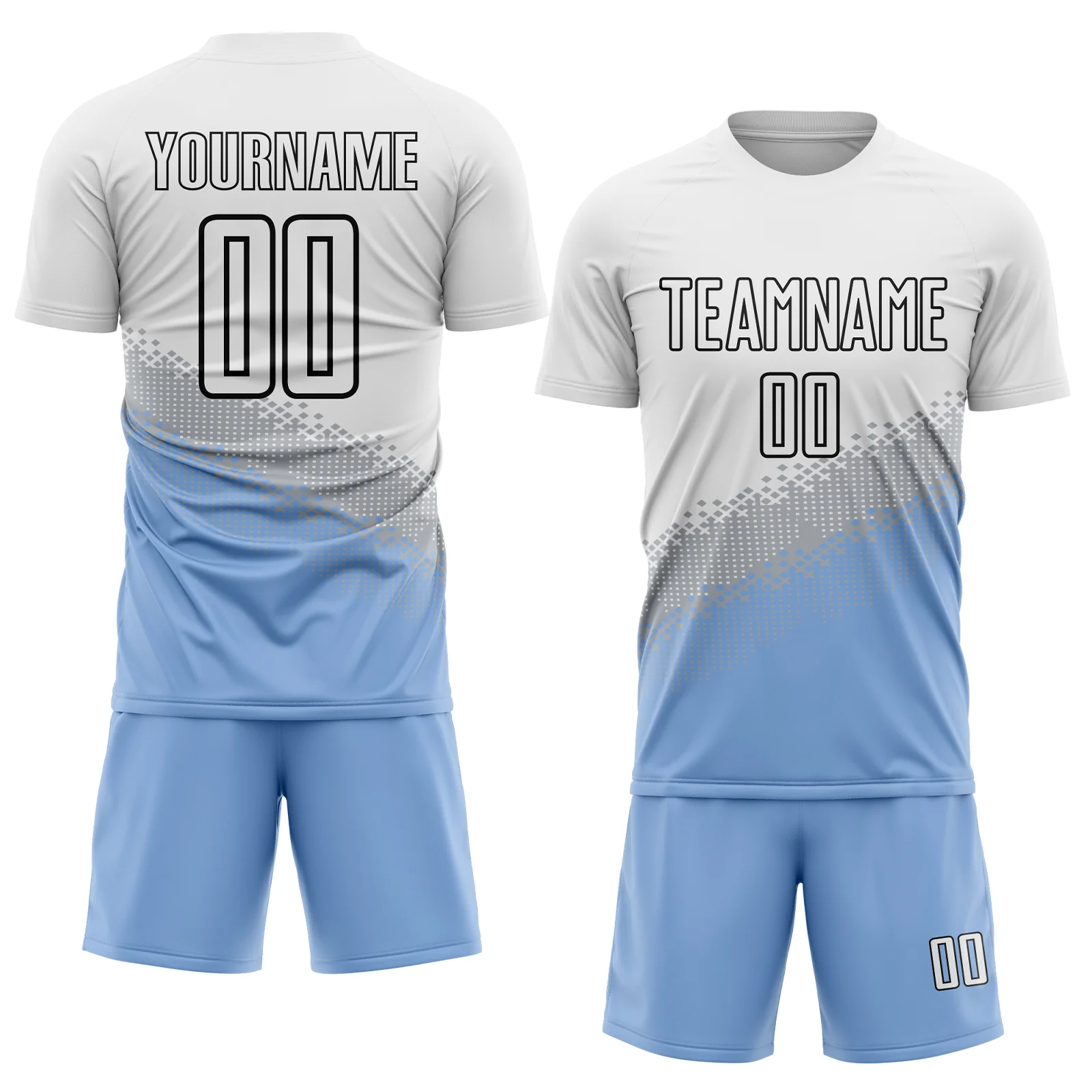 Custom White Gray Light Blue-Black Gradient Geometric Shape Sublimation Soccer Uniform Jersey - Image 2
