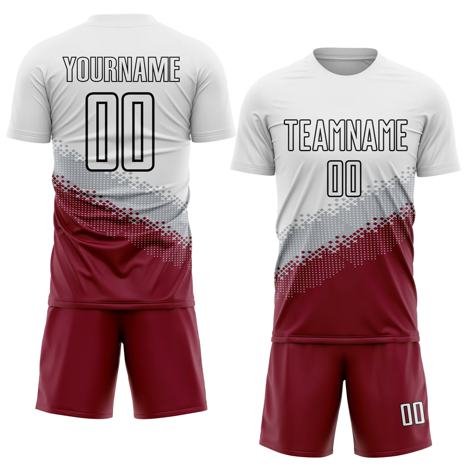 Custom White Gray Crimson-Black Gradient Geometric Shape Sublimation Soccer Uniform Jersey - Image 2