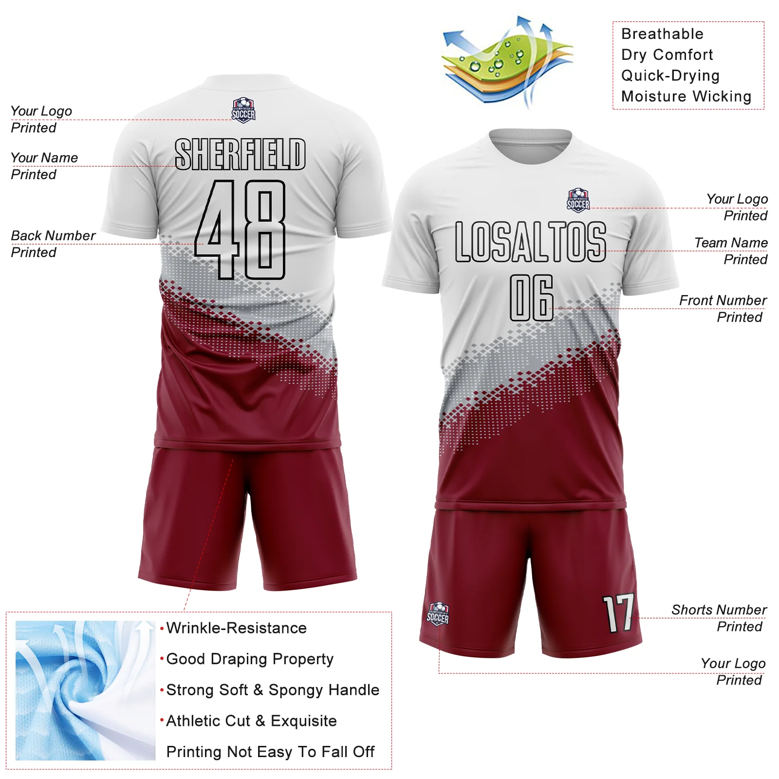 Custom White Gray Crimson-Black Gradient Geometric Shape Sublimation Soccer Uniform Jersey - Image 4