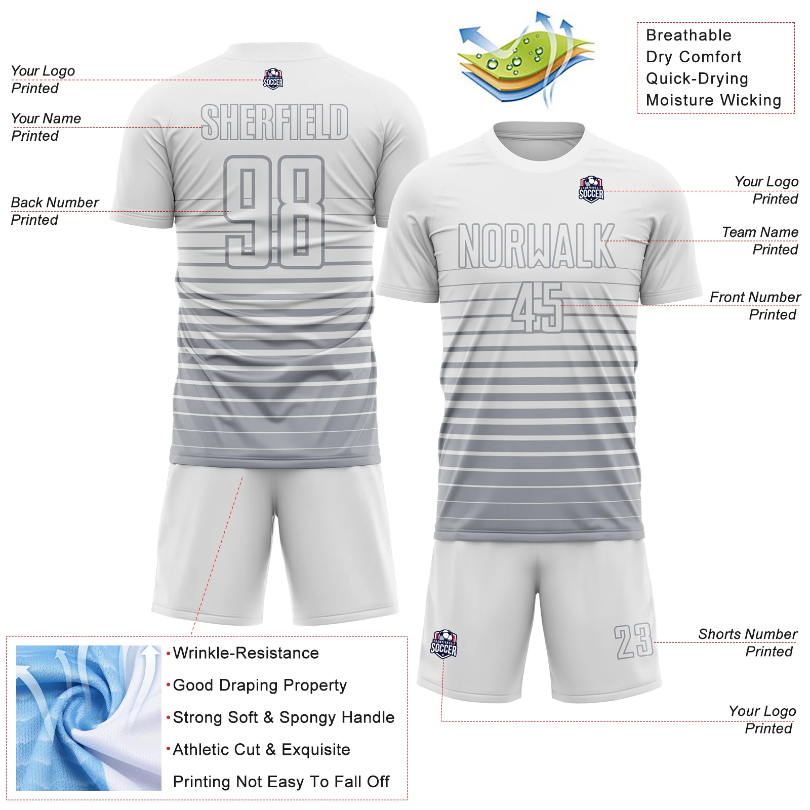 Custom White Gray Gradient Pinstripe Sublimation Soccer Uniform Jersey - Image 4