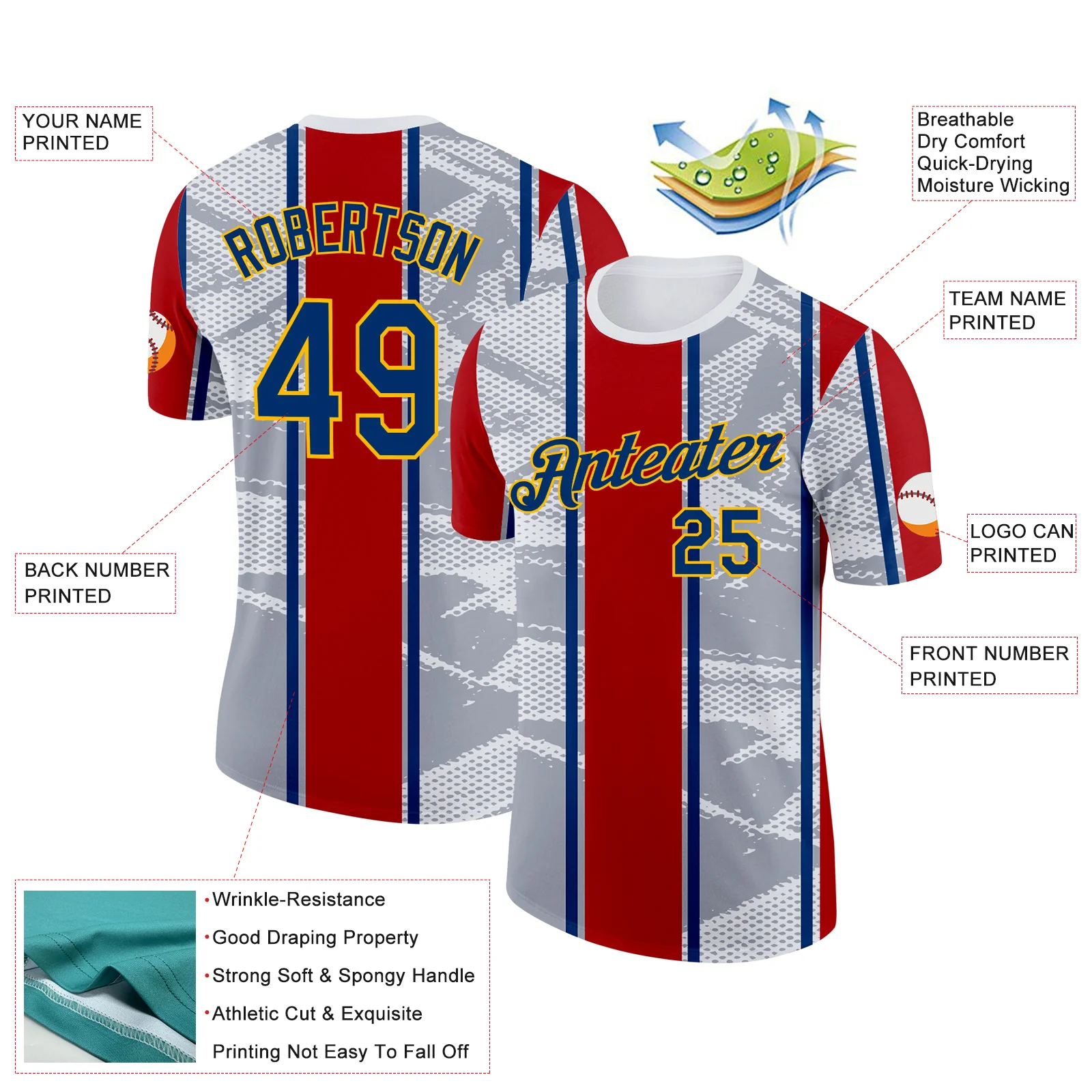 Custom White US Navy Blue Gray Red-Gold Netherlands Line Soccer Jersey Performance T-Shirt - Image 2
