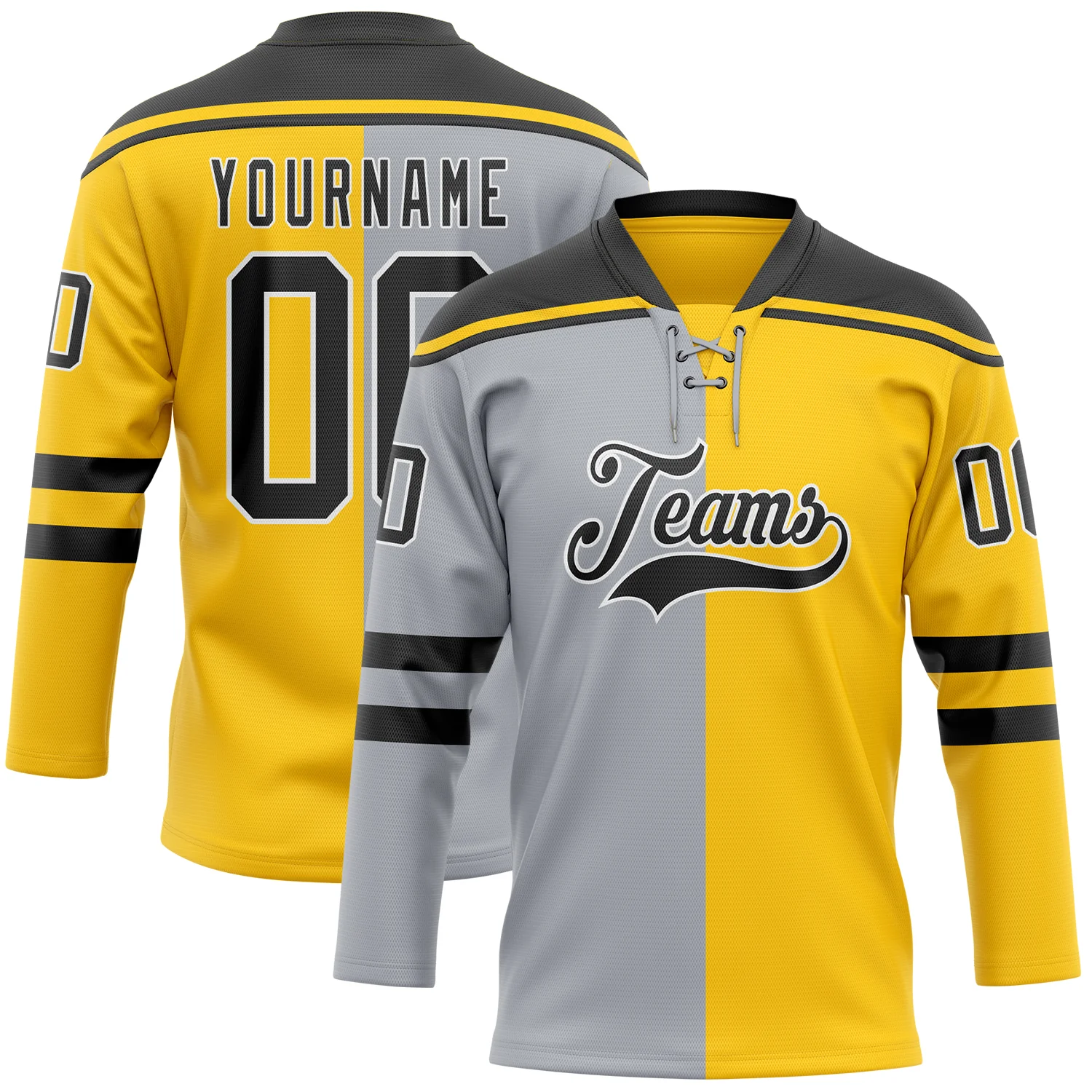 Custom Yellow Black Gray-White Split Fashion Hockey Lace Neck Jersey