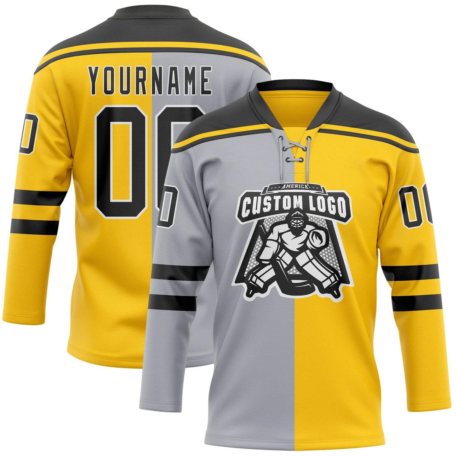 Custom Yellow Black Gray-White Split Fashion Hockey Lace Neck Jersey - Image 2