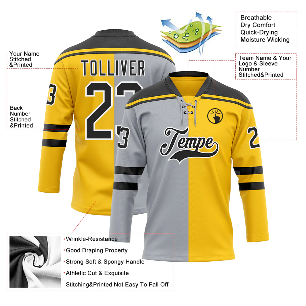 Custom Yellow Black Gray-White Split Fashion Hockey Lace Neck Jersey - Image 5