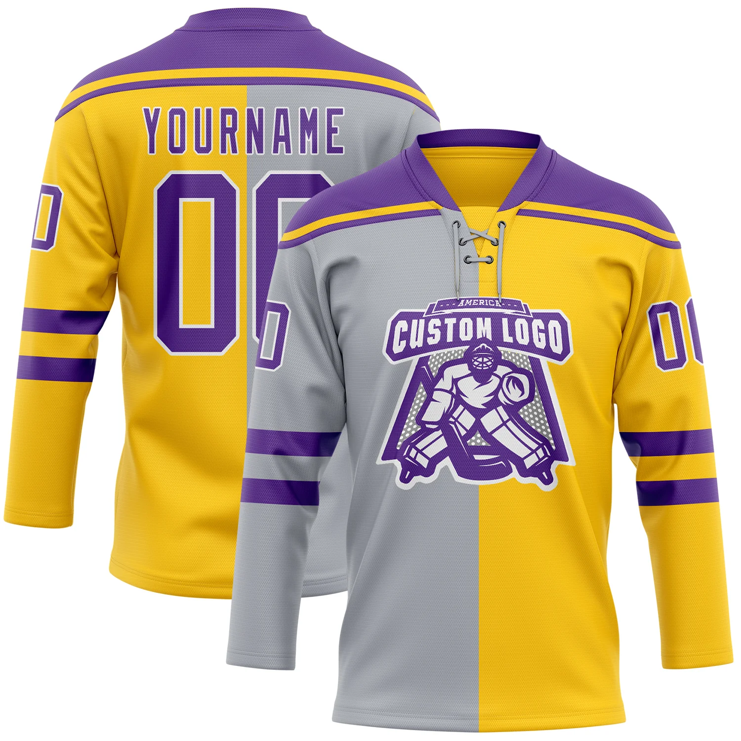 Custom Yellow Purple Gray-White Split Fashion Hockey Lace Neck Jersey - Image 2