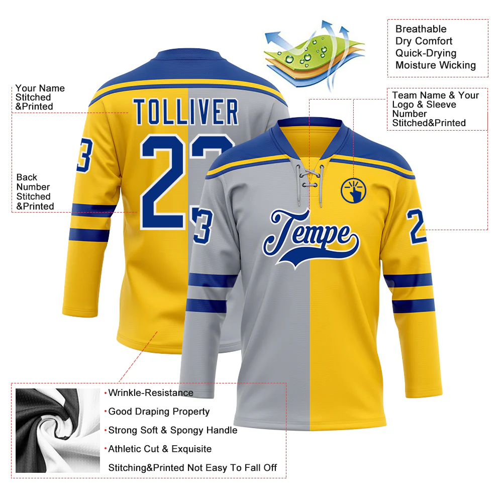 Custom Yellow Royal Gray-White Split Fashion Hockey Lace Neck Jersey - Image 5